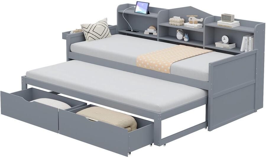 Merax Slaapbank 90 x 200 cm met Uittrekbed 90 x 190 cm 2 Opberglades Groot Opbergvak Opbergmand en USB-Aansluiting – Houten Logeerbed – Grijs