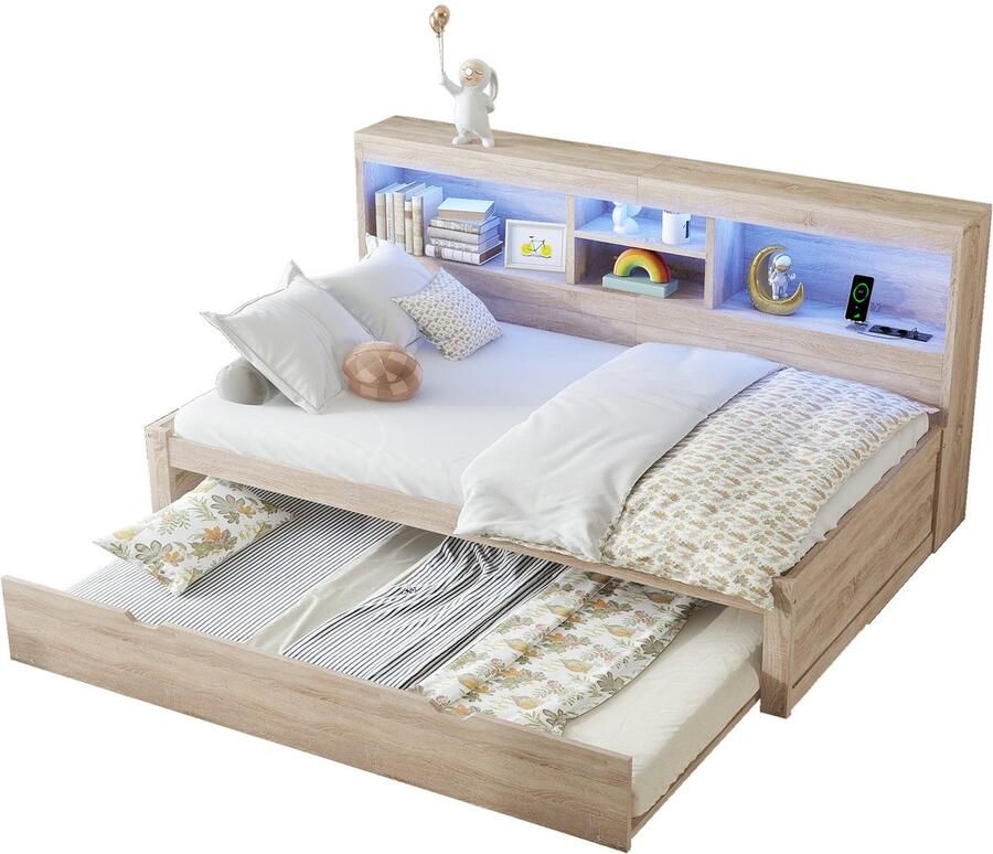 Merax Slaapbank 90x200 cm – Met LED Verlichting – Logeerbed Met Uitrolbed – Bed Met Opbergruimte – USB & Stopcontact – Zonder Matras – Naturel