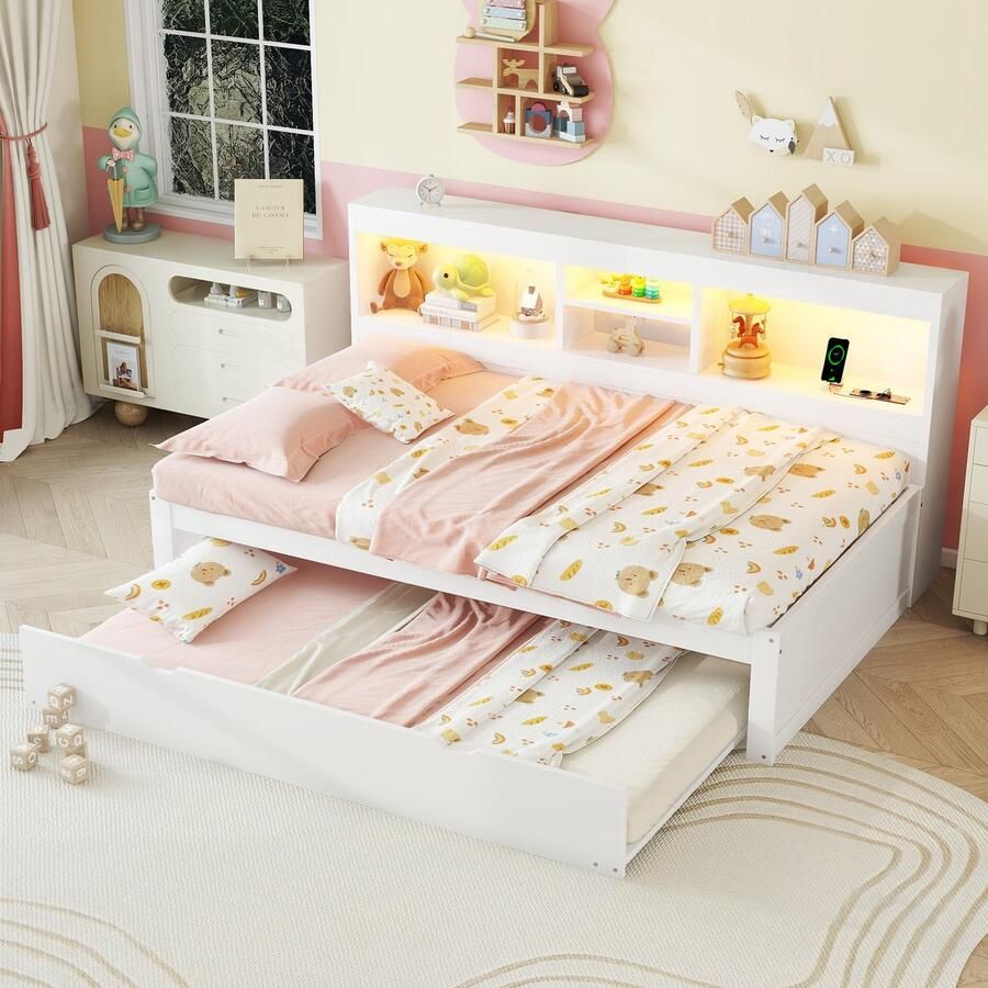 Merax Slaapbank 90x200 cm met LED-verlichting opbergvak naast het bed uitschuifbaar bed USB-aansluiting zonder matras wit