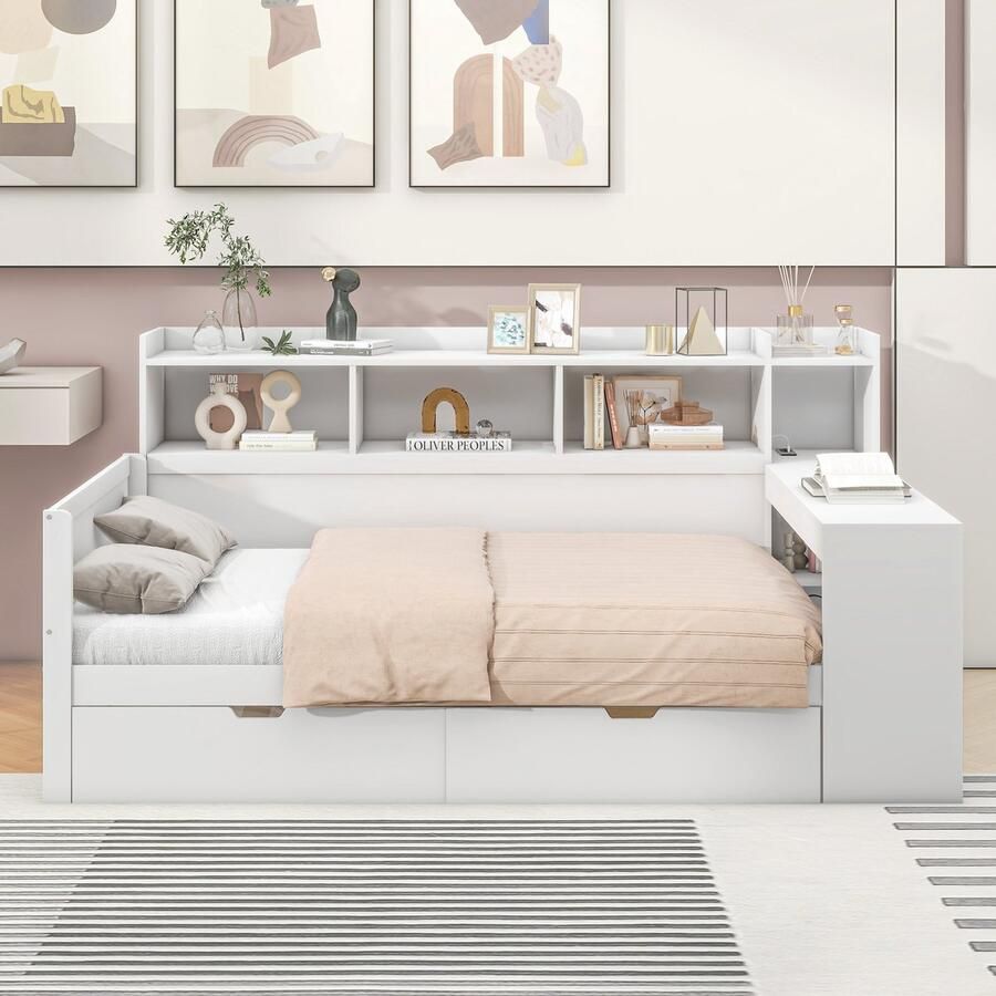 Merax Slaapbank 90x200 cm met opbergplank bed met stopcontact en USB-aansluiting 2 laden bureau zonder matras wit