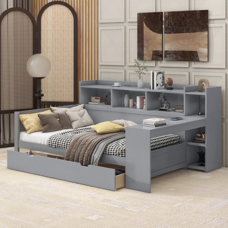 Merax Slaapbank 90x200 cm met opbergplank bed met stopcontact en USB-aansluiting 2 laden bureau zonder matras grijs