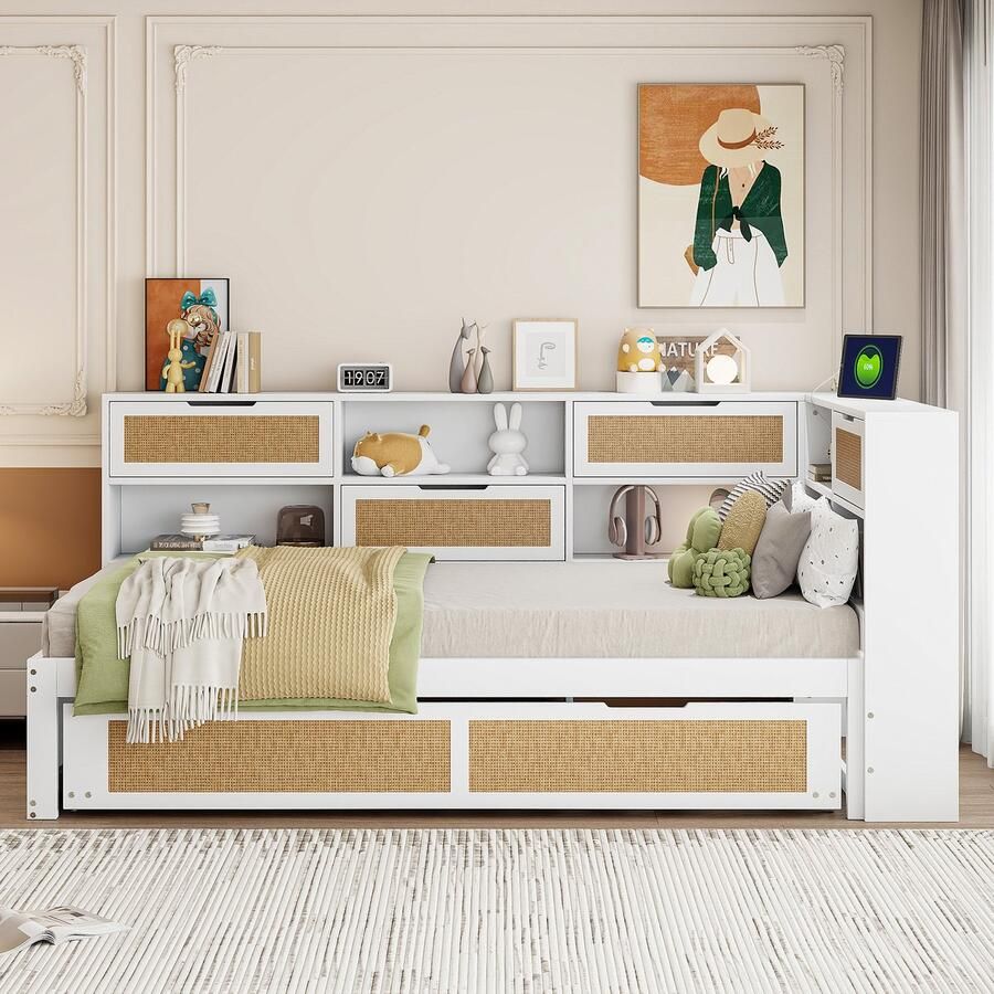 Merax Slaapbank 90x200 cm met uitschuifbaar bed kinderbed met opbergruimte en oplaadpoort wit zonder matras