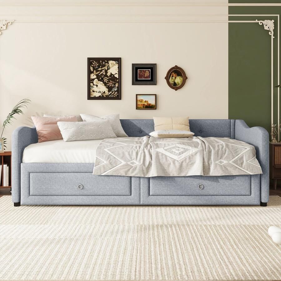 Merax Slaapbank 90x200 cm met uitschuifbaar bed met twee lades eenpersoonsbed zonder matras grijs