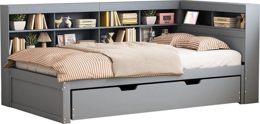 Merax Eenpersoonsbed 90x200 cm met Uitschuifbaar Logeerbed USB-oplaadpunt en Meerdere Opbergvakken – Houten Multifunctioneel Bed in Grijs