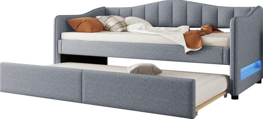 Merax 90x200 cm Slaapbank met Uitklapbaar Bed Enkelbed (Zonder Matras) Fluweel Linnen Minimalistisch Design Grijs LED Verlichting met Afstandsbediening