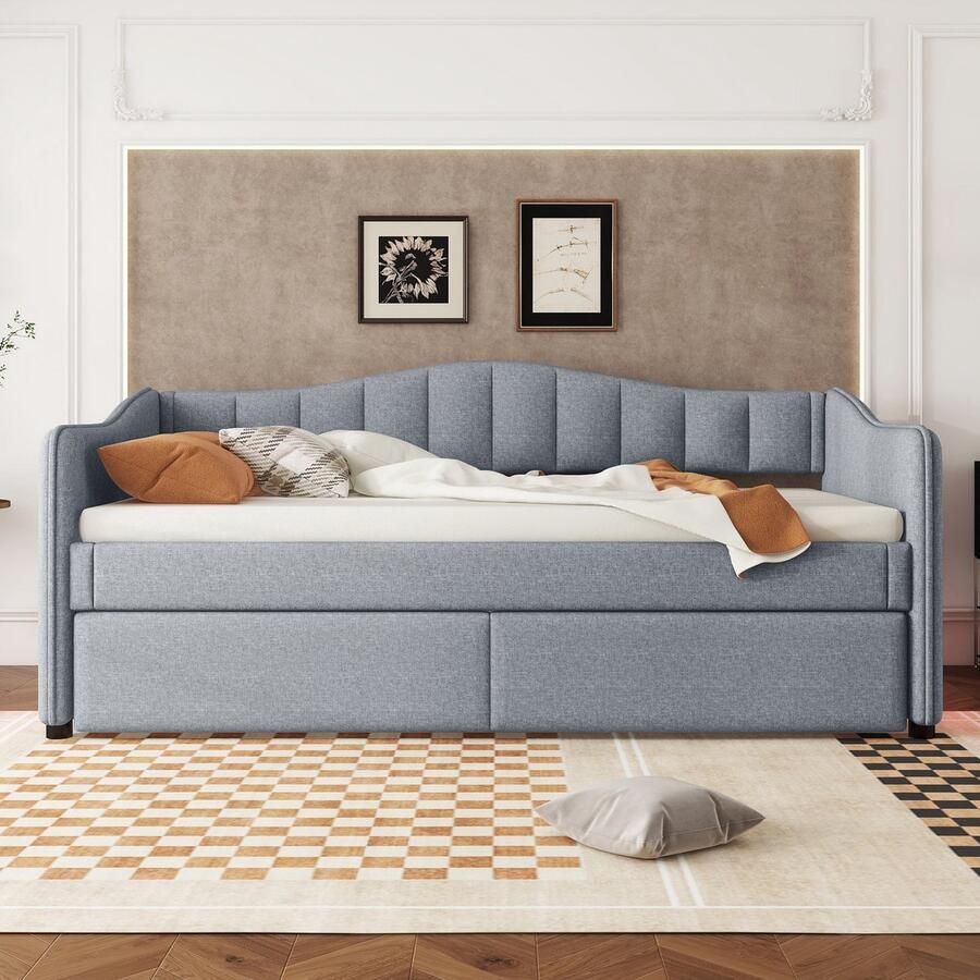 Merax Slaapbank 90x200 cm met uitschuifbed eenpersoonsbed met LED-verlichting grijs zonder matras