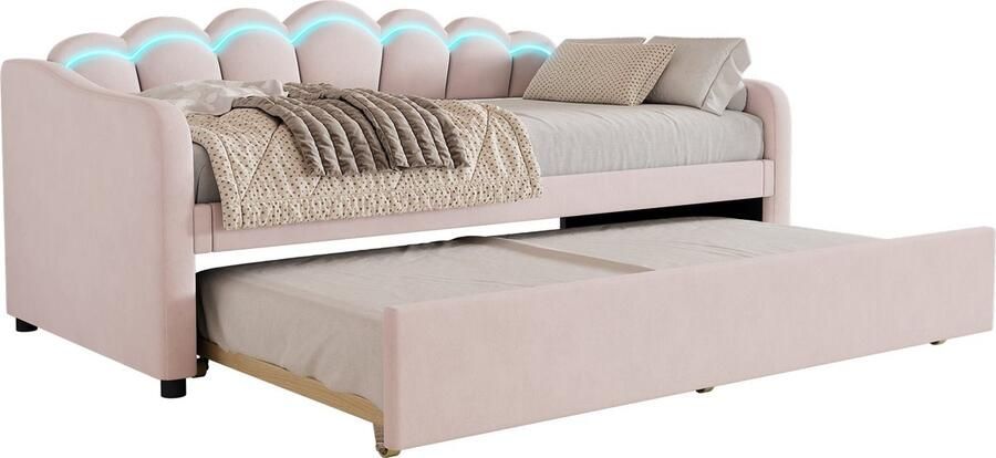 Merax Daybettt 90x200cm Tagesbett mit ausziehbarem Bett Schlafsofa Einzelbett(Ohne Matratze) Samt farbwechselndes Umgebungslicht Fernbedienung minimalistisches Styling Rosa