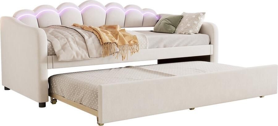 Merax Daybettt 90x200cm Tagesbett mit ausziehbarem Bett Schlafsofa Einzelbett(Ohne Matratze) Samt farbwechselndes Umgebungslicht Fernbedienung minimalistisches Styling Beige
