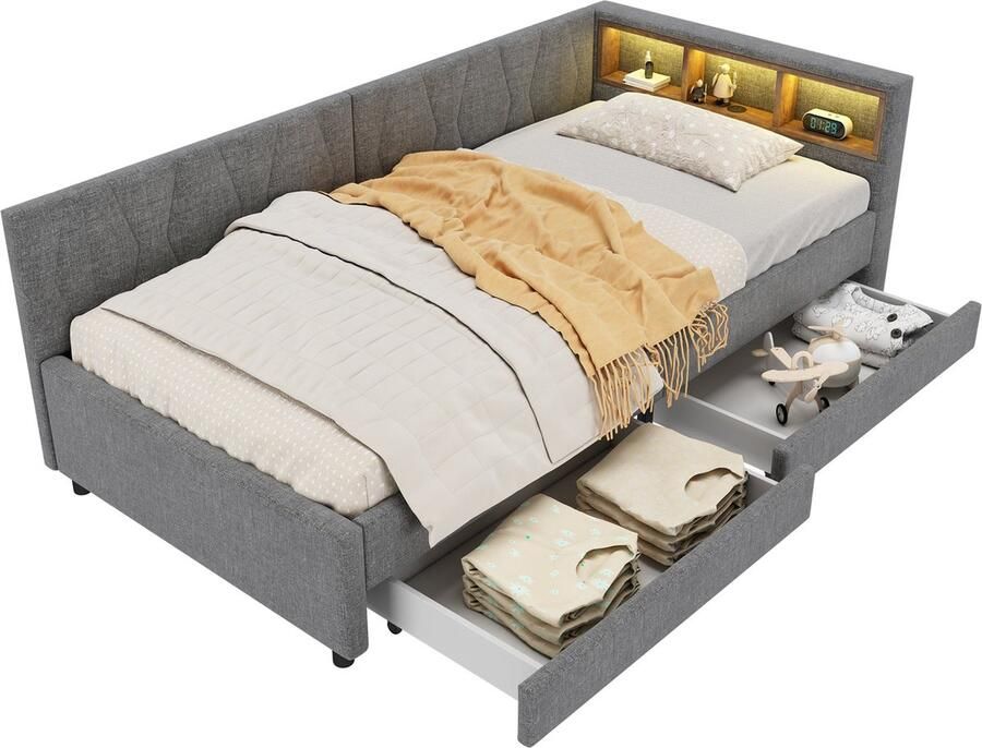 Merax Slaapbank 90x200 cm met USB-C Aansluiting en LED Verlichting – Grijs Linnen Daybed met Lades – Eenpersoonsbed met Vakken in Hoofdbord – Zonder Matras