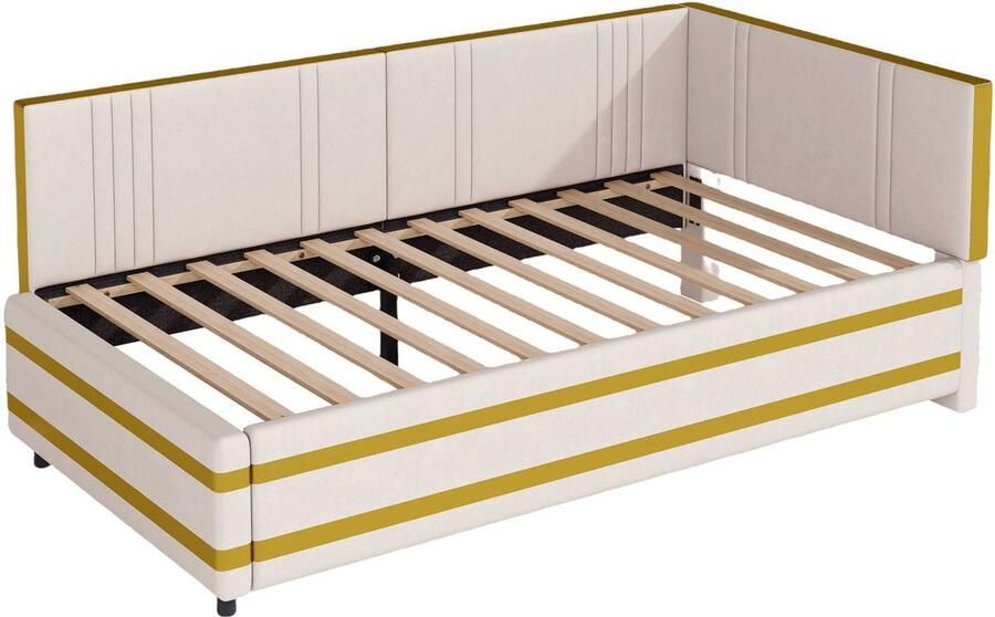 Merax Slaapbank 90x200 cm Multifunctioneel Eenpersoonsbed met Lattenbodem Fluwelen Stof Beige