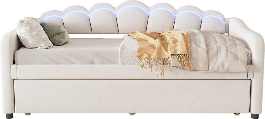 Merax Daybettt 90x200cm Tagesbett mit ausziehbarem Bett Schlafsofa Einzelbett(Ohne Matratze) Samt farbwechselndes Umgebungslicht Fernbedienung minimalistisches Styling Beige - Foto 2