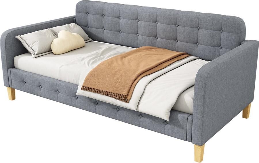 Merax Slaapbank 90x200 cm – Stijlvol Daybed met Lattenbodem en Knoopnagel Decoratie – Eenpersoons Bedbank Zonder Matras – Grijs Linnen