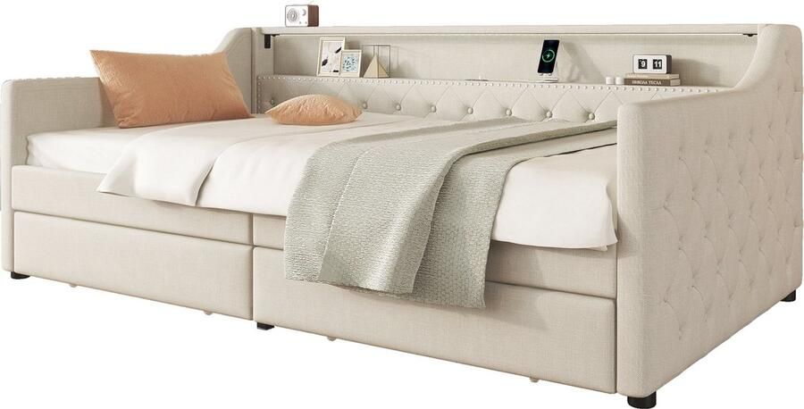 Merax Slaapbank 90 x 200 cm Stijlvol Slaapbankje met Lattenbodem LED Sfeerverlichting en USB-oplader Inclusief Twee Opberglades – Beige (Zonder Matras)