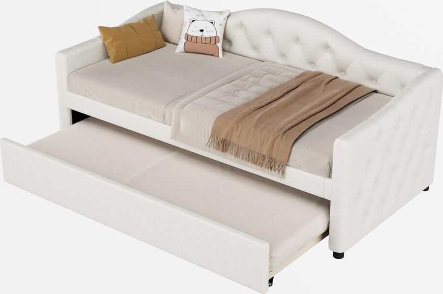 Merax Tagesbett 90x200 cm Uitklapbaar Bed Slaapbank Eenpersoonsbed (Zonder Matras) Linnen Minimalistisch Design Beige