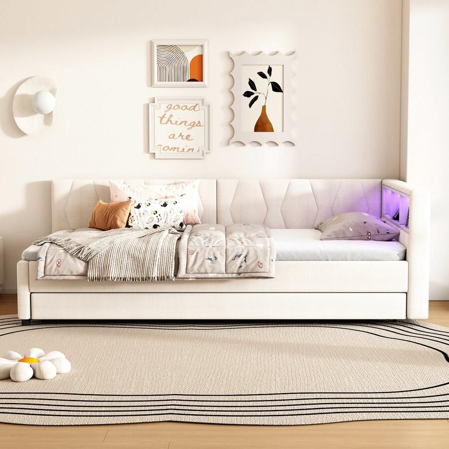 Merax Slaapbank 90x200 cm USB Type-C LED-verlichting Bed met uitschuifbaar bed Zonder matras Linnengoed Beige