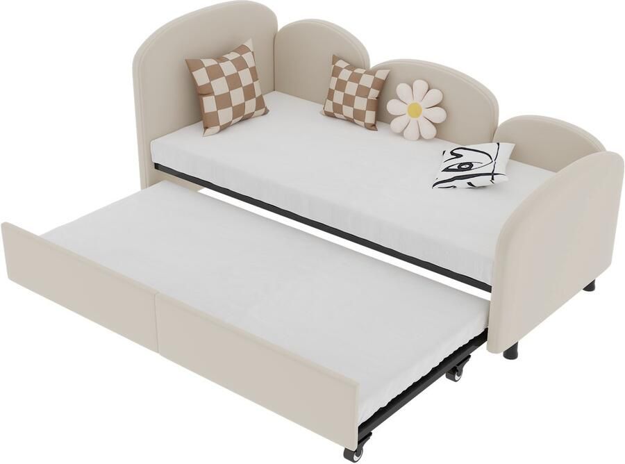 Merax Slaapbank 90x200 cm Velvet Eenpersoonsbed met Extra Uitschuifbaar Bed 90x190 cm Modern Bed Beige