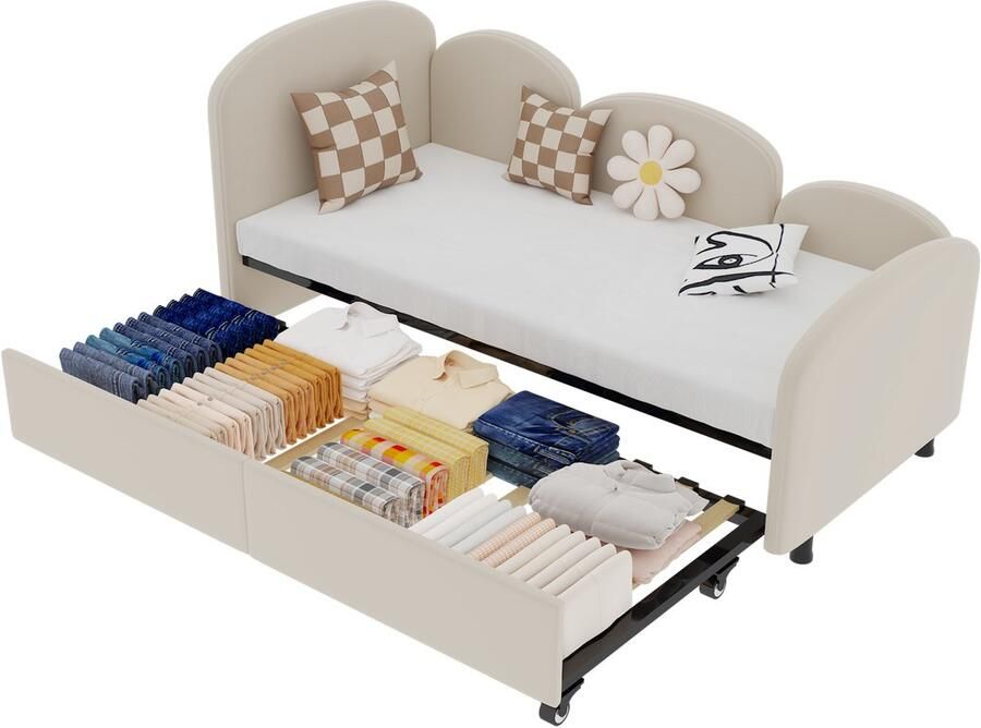 Merax Slaapbank 90x200 cm Velvet Eenpersoonsbed met Extra Uitschuifbaar Bed 90x190 cm Modern Bed Beige - Foto 2