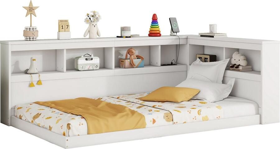 Merax Slaapbank 90x200 cm Wit Dagbed met Lattenbodem Stopcontact en 2 USB-poorten Modern en Functioneel Design