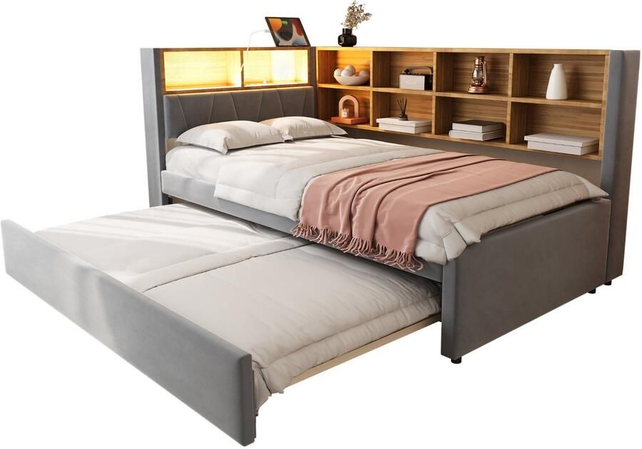 Merax Slaapbank 90x200 Uitrolbed 90x190 LED Verlichting USB Type-C en Stopcontact Gestoffeerd Bed Fluwelen Stof Opbergruimte Donkergrijs