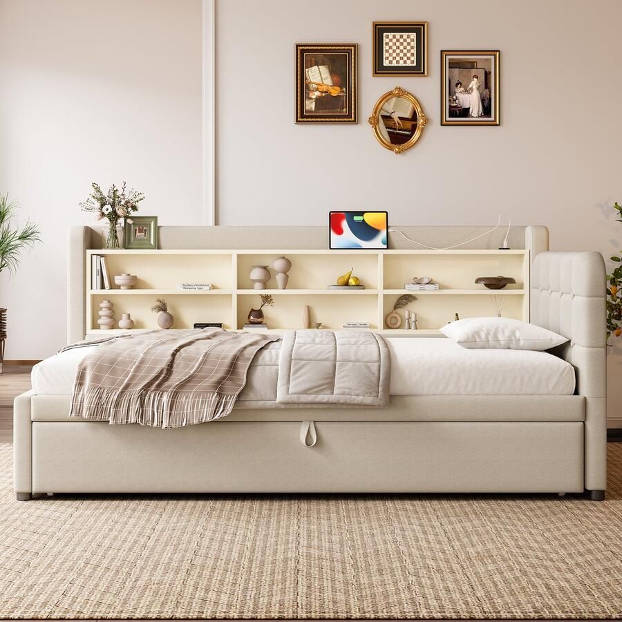 Merax Slaapbank 90x200cm (180 x 200 cm) uitschuifbaar bed USB Type-C meerdere planken zonder matras beige