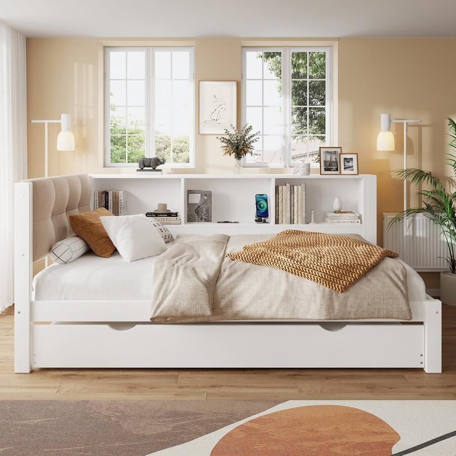 Merax Slaapbank 90x200cm Eenpersoonsbed met uitschuifbaar bed Met LED-verlichting Met planchet Met USB-poort wit Zonder matras