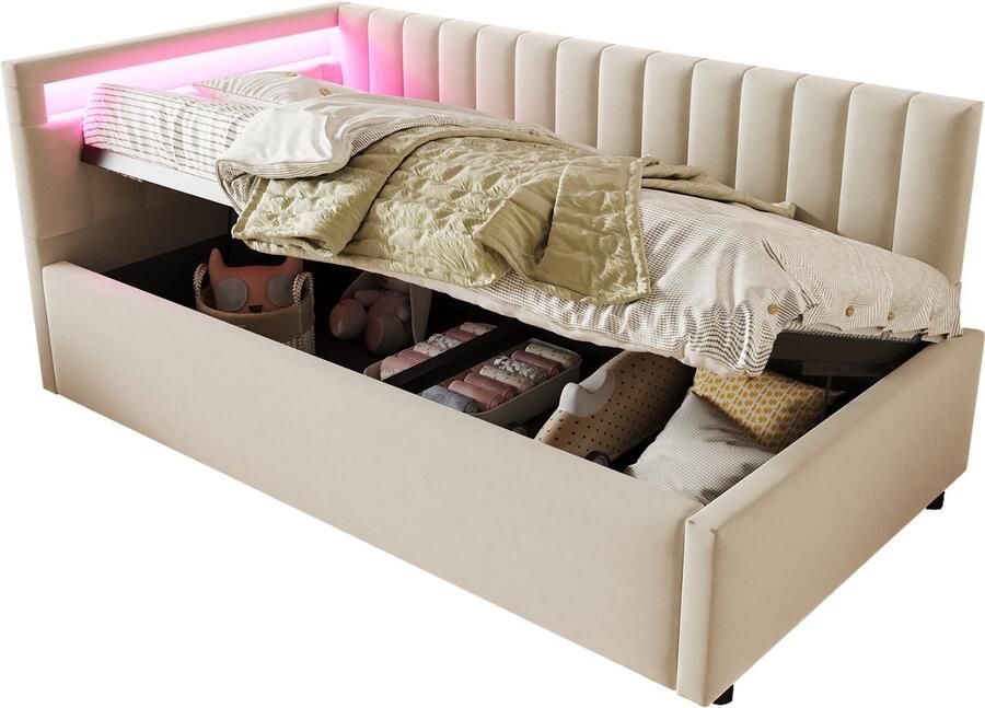 Merax Slaapbank 90x200cm met LED-verlichting en opbergruimte verticale strepen zijkant rugleuning verwisselbaar beige zonder matras