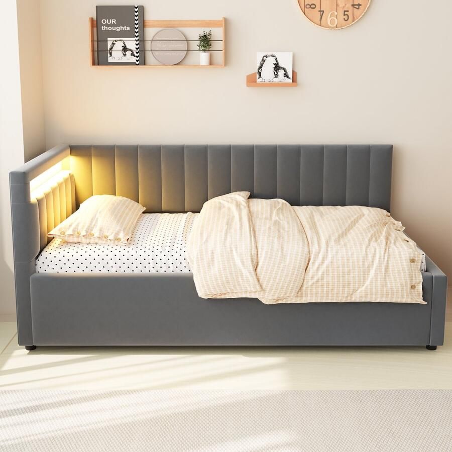 Merax Slaapbank 90x200cm met LED-verlichting en opbergruimte verticale strepen zijkant rugleuning verwisselbaar grijs zonder matras