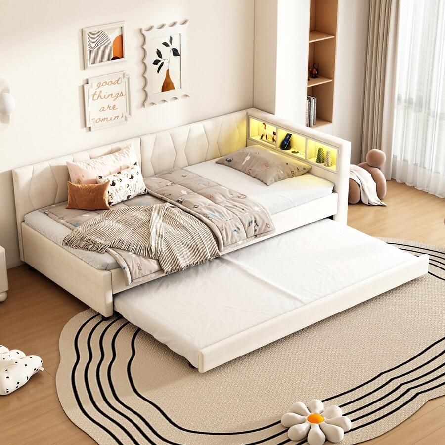 Merax Slaapbank 90x200cm Opbergvak USB Type-C LED Sfeerlicht Afstandsbediening Bed met uitschuifbaar bed zonder matras Beige