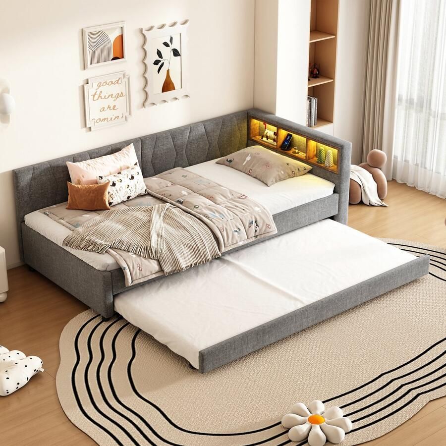 Merax Slaapbank 90x200 cm USB Type-C LED-verlichting Bed met uitschuifbaar bed Zonder matras Linnengoed grijs