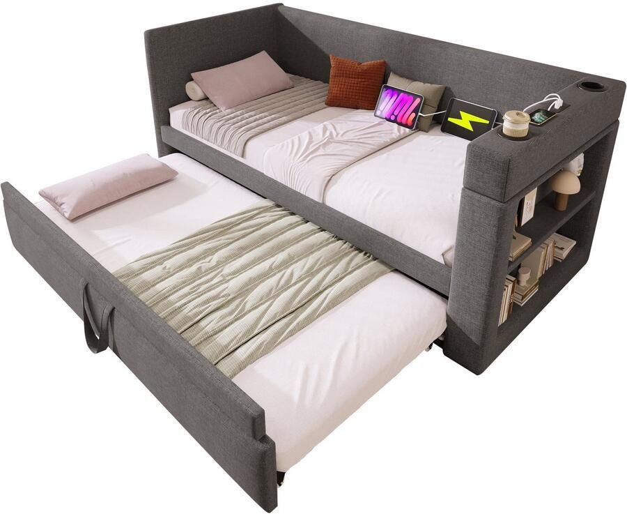 Merax Gestoffeerd Daybed 90x190 cm – Slaapbank Met Uitrolbed – Armleuningen Met USB En Type-C Oplaadpunt En Bekerhouder – Linnenmix Grijs – Zonder Matras