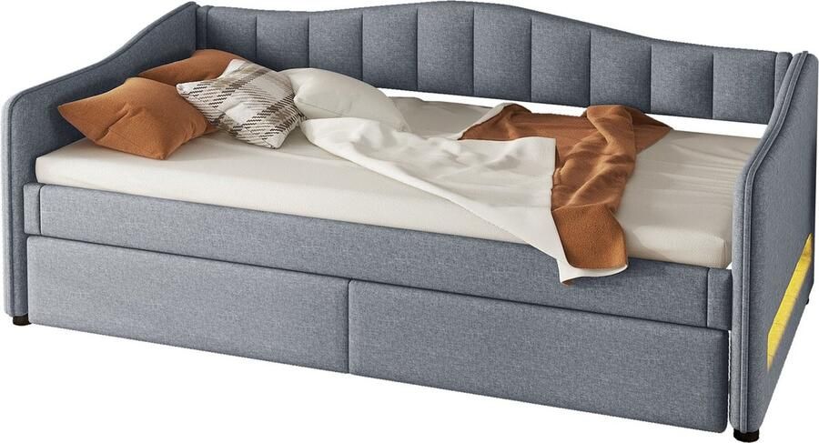 Merax 90x200 cm Slaapbank met Uitklapbaar Bed Enkelbed (Zonder Matras) Fluweel Linnen Minimalistisch Design Grijs LED Verlichting met Afstandsbediening - Foto 2