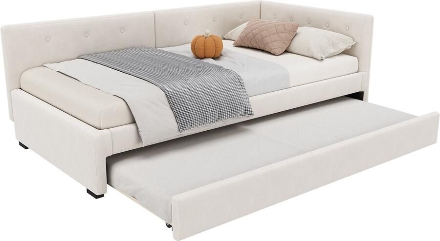 Merax Slaapbank Eenpersoonsbed 90x200 cm met Uitschuifbaar Logeerbed 90x190 cm Velvet Gestoffeerd Bed Bank Beige