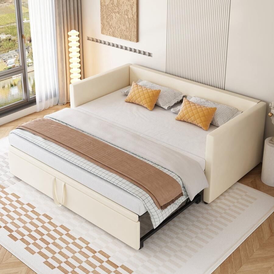 Merax Slaapbank Eenpersoonsbed 90x200 cm Uitschuifbaar tot Kingsize Tweepersoonsbed 180x200 cm Luxe Gestoffeerde Bedbank Beige Fluweel