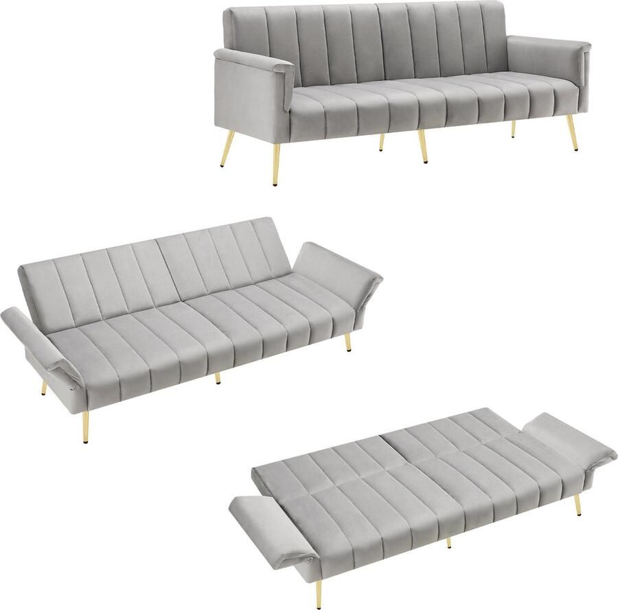 Merax Slaapbank Fluwelen Stof 2-Zits Bankstel Modern Design met Verstelbare Rugleuning Grijs - Foto 2