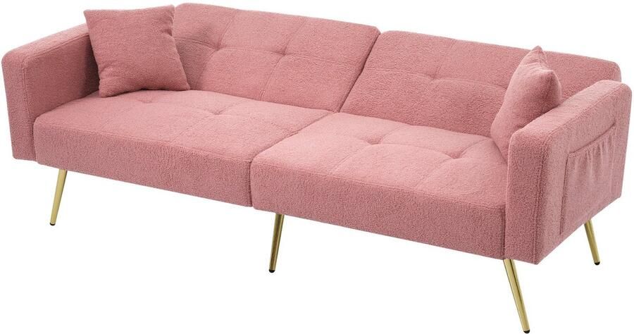 Merax Slaapbank met Bedfunctie – Verstelbare Rugleuning Luxe Gouden Poten Inclusief Kussens & Opbergvakken – Roze Sherpa Stof – 2-Zits - Foto 2