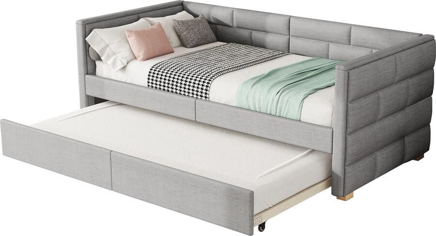 Merax Slaapbank met Extra Uitschuifbaar bed 90x200 cm – Linnen Grijs – Eenpersoonsbed met Onderschuifbed – Ruimtebesparend Logeerbed