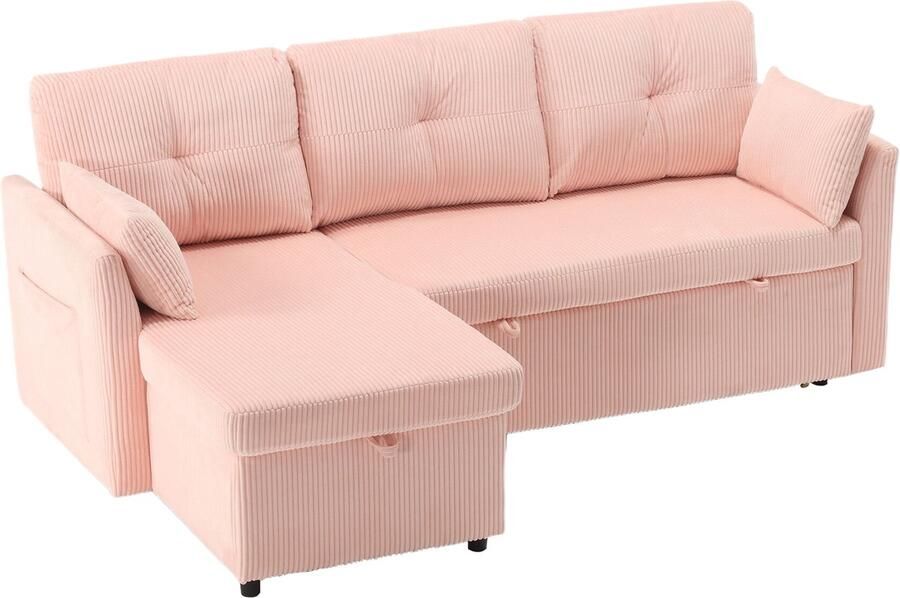 Merax L‑vormige Slaapbank met Opbergruimte – Roze Fluwelen Hoekbank Uitschuifbaar tot Bed en Zijvakken – 3‑Zits Sofa - Foto 3