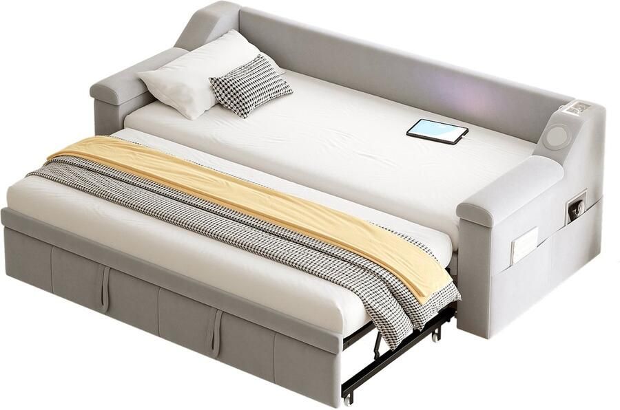 Merax Slaapbank met Opbergruimte – Uitschuifbaar van 90 tot 180x190 cm – Bed met Bluetooth Stereo en USB – Lichtgrijs
