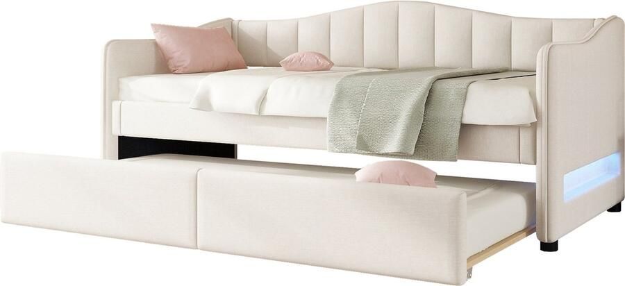 Merax Slaapbank met Uitschuifbaar Logeerbed 90x200 cm – Beige Linnen – Inclusief LED Verlichting – Eenpersoonsbed met Logeerfunctie – Ruimtebesparend Design