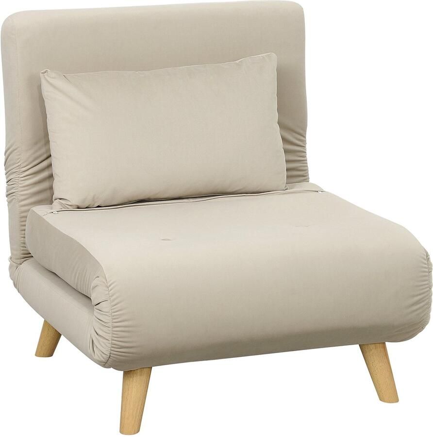 Merax Slaapfauteuil Fluweel Beige – Verstelbare Relaxstoel met Bedfunctie en Zierkussen – Klapstoel voor Logeerkamer of Woonkamer Compact 1 Persoonsbed