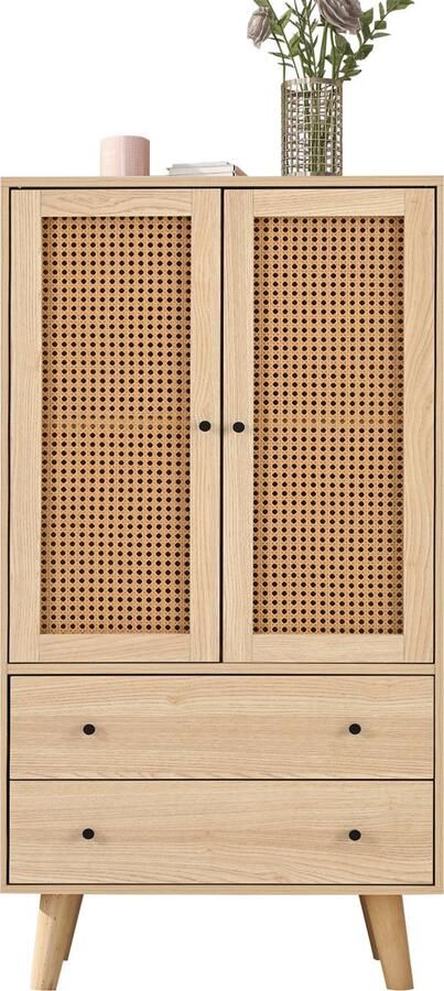 Merax Smal Dressoir 60x120 cm – Opbergkast met 2 Deuren en 2 Lades – Houten Kast met Rotan Look – Geschikt voor Woonkamer Keuken of Hal – Eiken Kleur