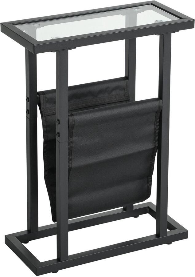 Merax smalle bijzettafel 40x18x55 5 cm – zwart metalen frame met glasplaat en stoffen opbergtas – geschikt als nachtkastje of salontafel