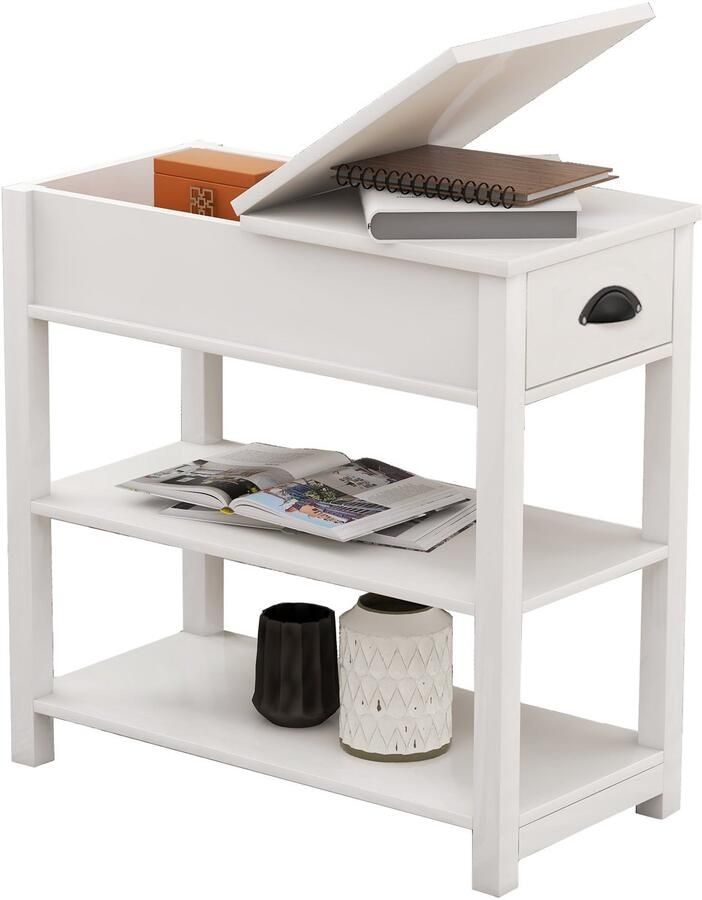 Merax Smalle Bijzettafel met Laden en Onderverdeling Flip Over Design Wit Voor Woonkamer Slaapkamer of Kantoor