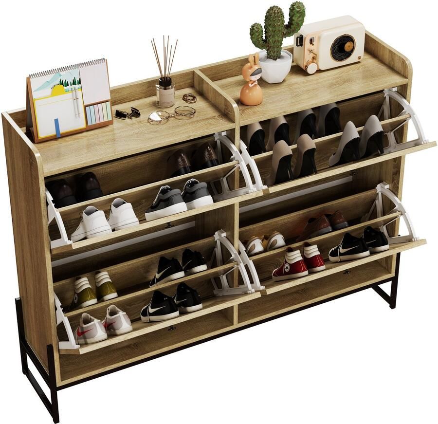 Merax Smalle Schoenenkast 118x25x91.5 cm Schoenenrek met 4 Kleppen Houten Schoenenkast met Rattan Deuren Luchtcirculatie en Veilig Ontwerp Natuurkleur