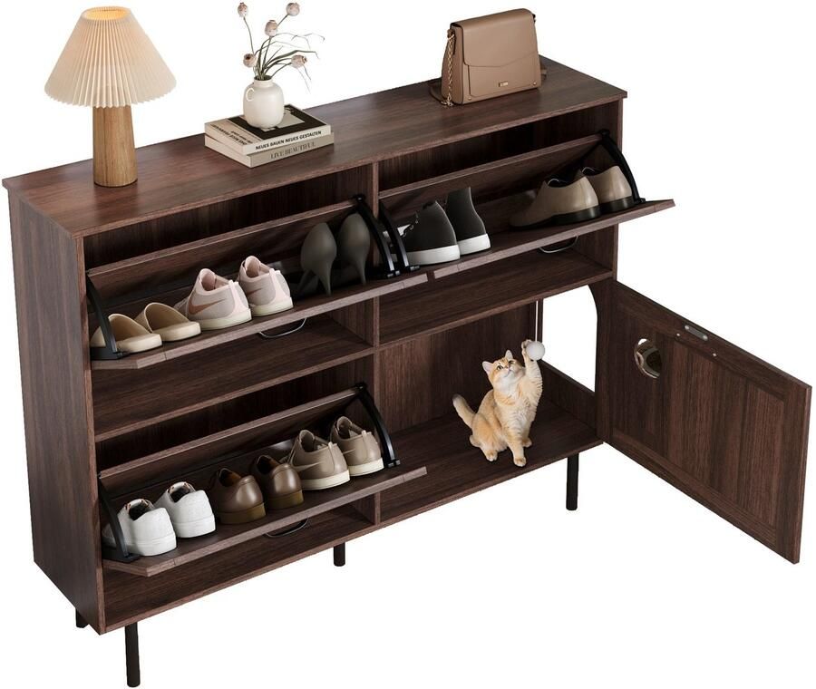 Merax Smalle Schoenenkast 120x28x92 cm Schoenenrek met 3 Kleppen Opbergruimte met 4 Deuren Houten Schoenenkast met Luchtcirculatie Walnootkleur