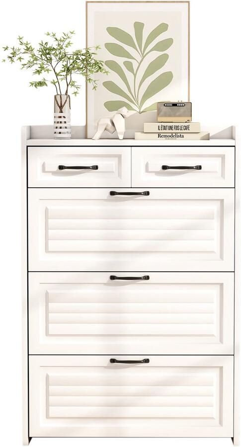 Merax Smalle Schoenenkast Wit 3 Kleppen met 2 Lades en Metalen Handgrepen Hoge Schoenenkast voor Hal of Woonkamer 80x23.5x125 cm