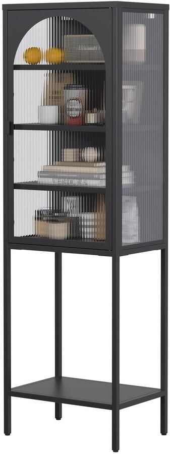 Merax Smalle Vitrinekast Met Glazen Deur En Verstelbare Planken 160x50x35 cm – Zwarte Metalen Opbergkast Voor Woonkamer Badkamer Of Kantoor