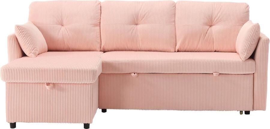 Merax L‑vormige Slaapbank met Opbergruimte – Roze Fluwelen Hoekbank Uitschuifbaar tot Bed en Zijvakken – 3‑Zits Sofa - Foto 2