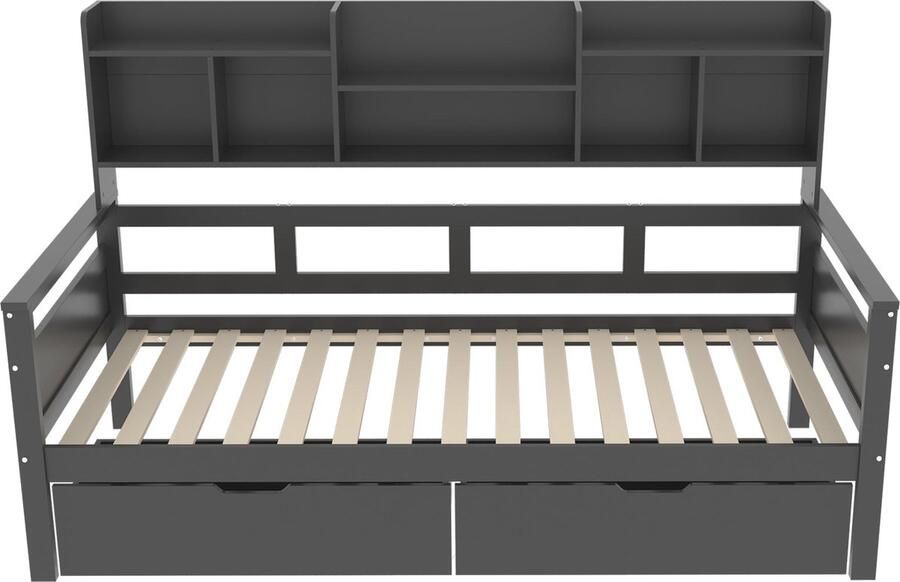 Merax Sofabed 90x200 cm Grijs Bed met Laden en Planken Slatted Frame Kinderbed Jeugdbed Enkelbed Massief Houten Bed