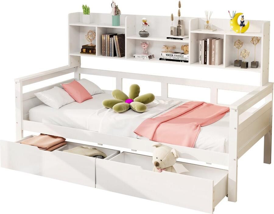 Merax Eenpersoonsbed 90x200 met Laden en Planken Houten Lattenbodem Kinderbed Tienerbed Eenpersoonsbed van Massief Hout Wit